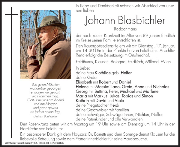 Traueranzeige von Johann Blasbichler von Dolomiten