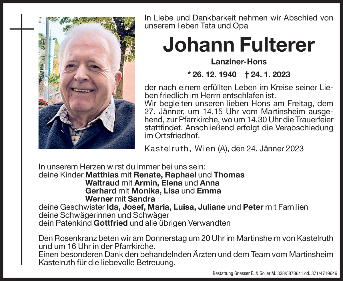  Traueranzeige für Johann Fulterer vom 26.01.2023 aus Dolomiten