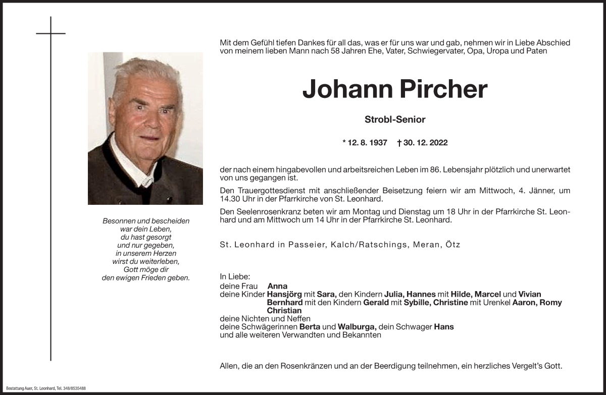  Traueranzeige für Johann Pircher vom 02.01.2023 aus Dolomiten