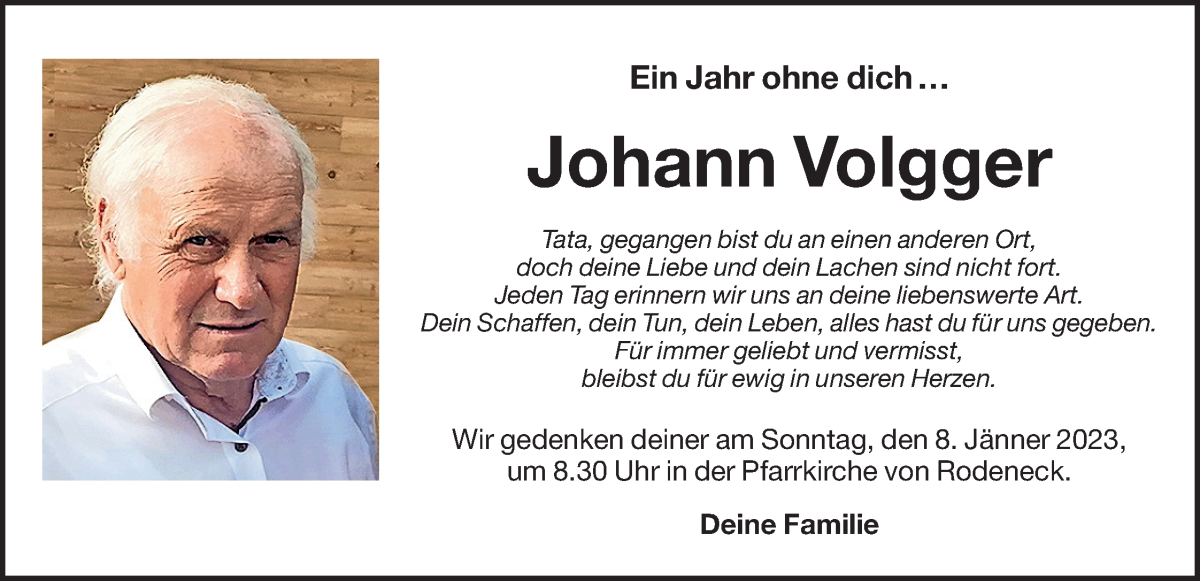  Traueranzeige für Johann Volgger vom 07.01.2023 aus Dolomiten