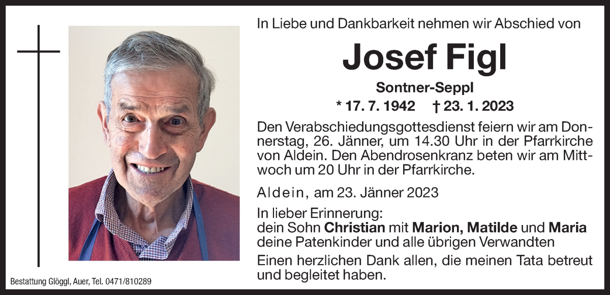  Traueranzeige für Josef Figl vom 25.01.2023 aus Dolomiten