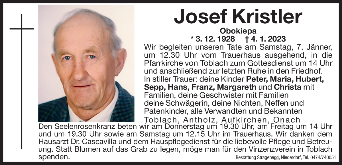  Traueranzeige für Josef Kristler vom 05.01.2023 aus Dolomiten