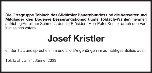 Traueranzeige von Josef Kristler von Dolomiten