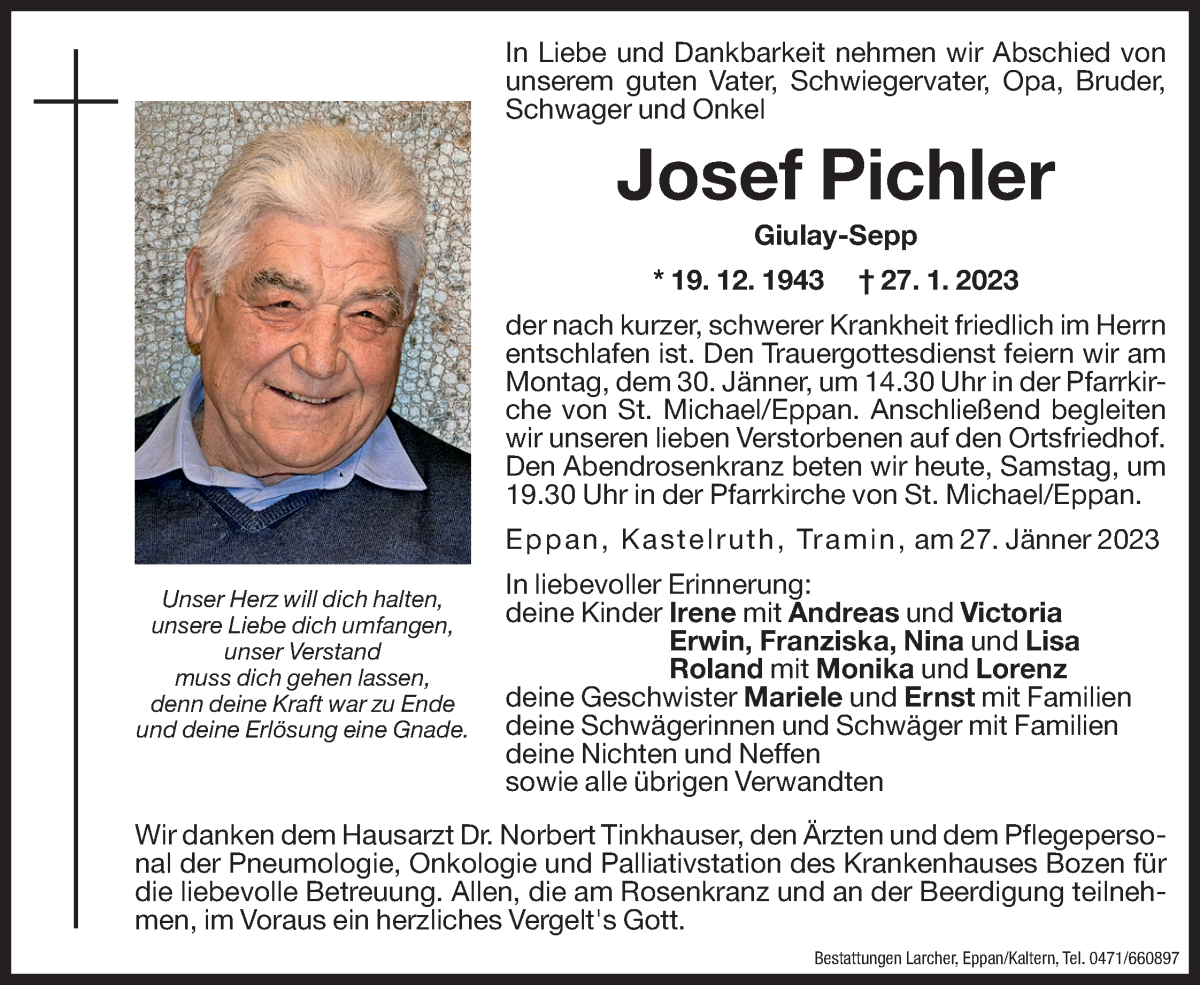  Traueranzeige für Josef Pichler vom 28.01.2023 aus Dolomiten