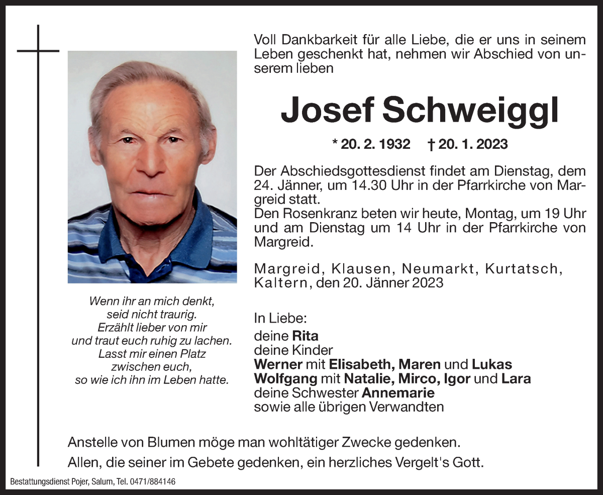  Traueranzeige für Josef Schweiggl vom 23.01.2023 aus Dolomiten
