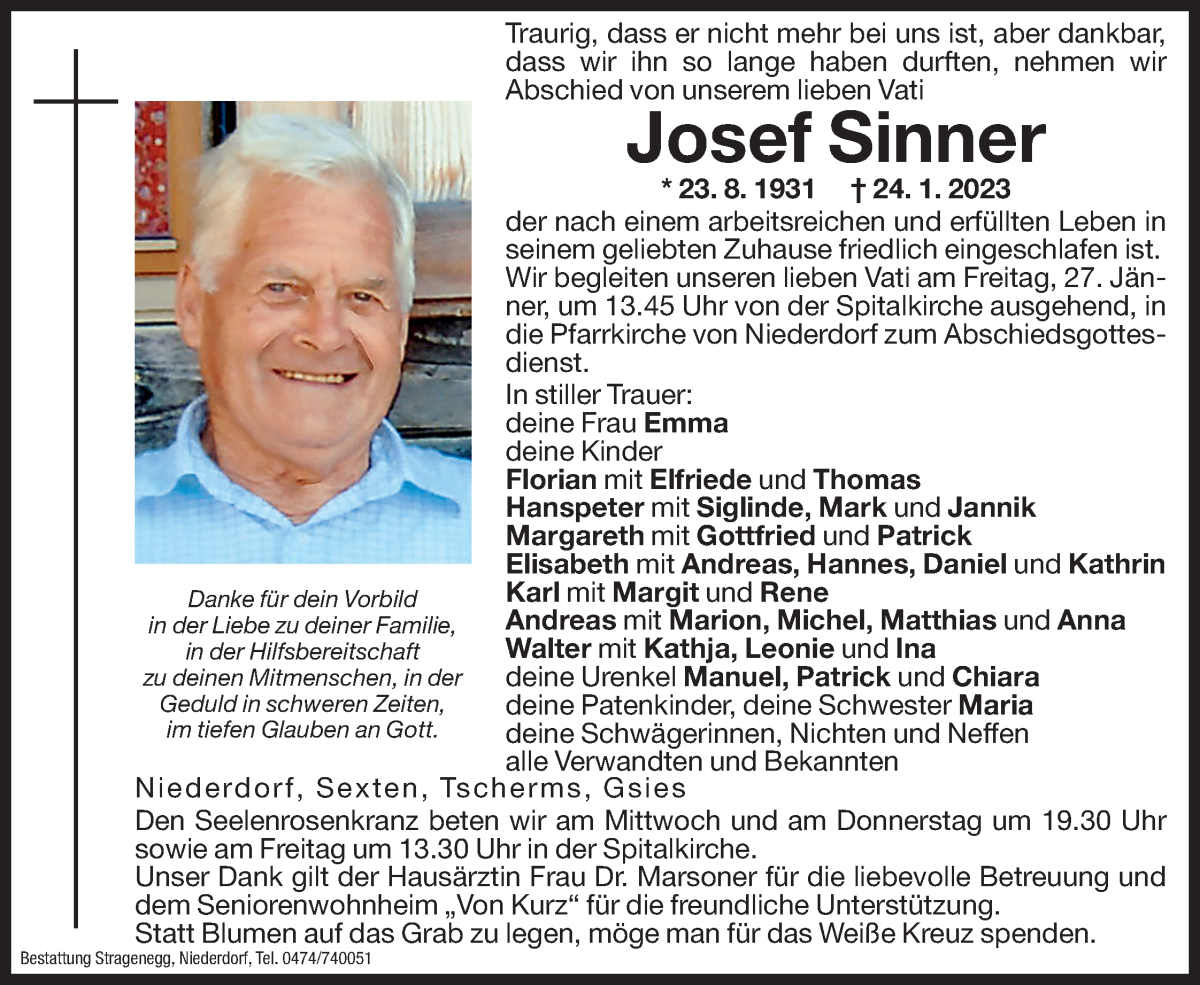  Traueranzeige für Josef Sinner vom 25.01.2023 aus Dolomiten