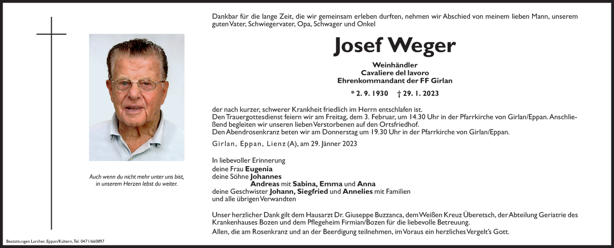  Traueranzeige für Josef Weger vom 31.01.2023 aus Dolomiten