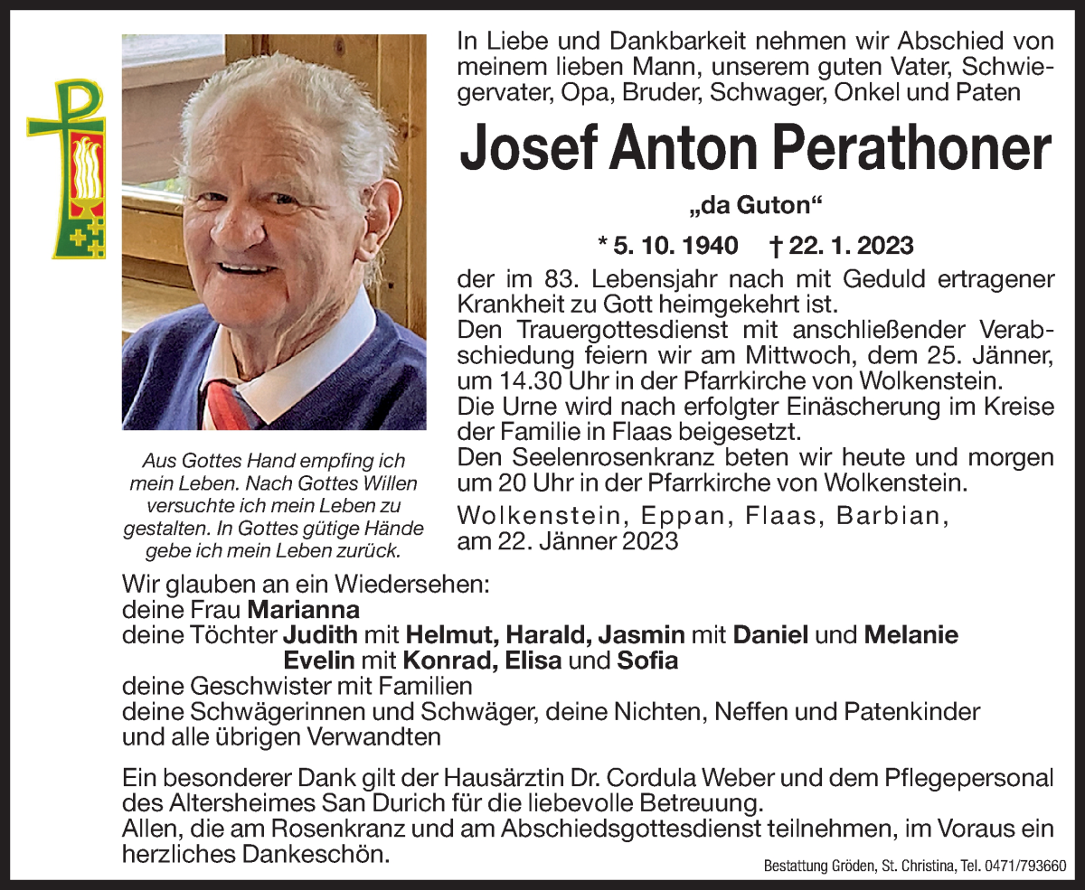  Traueranzeige für Josef Anton Perathoner vom 23.01.2023 aus Dolomiten