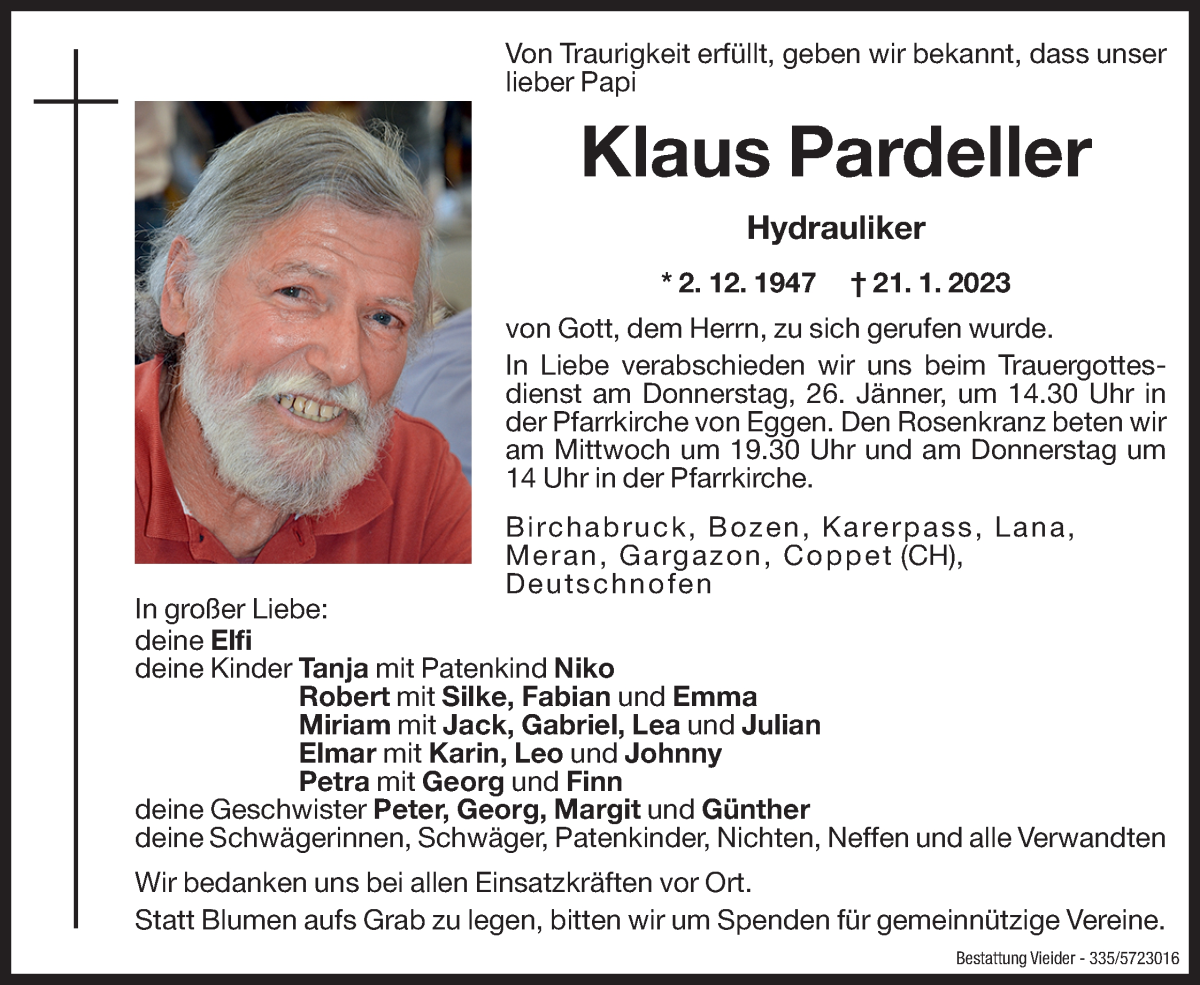  Traueranzeige für Klaus Pardeller vom 24.01.2023 aus Dolomiten