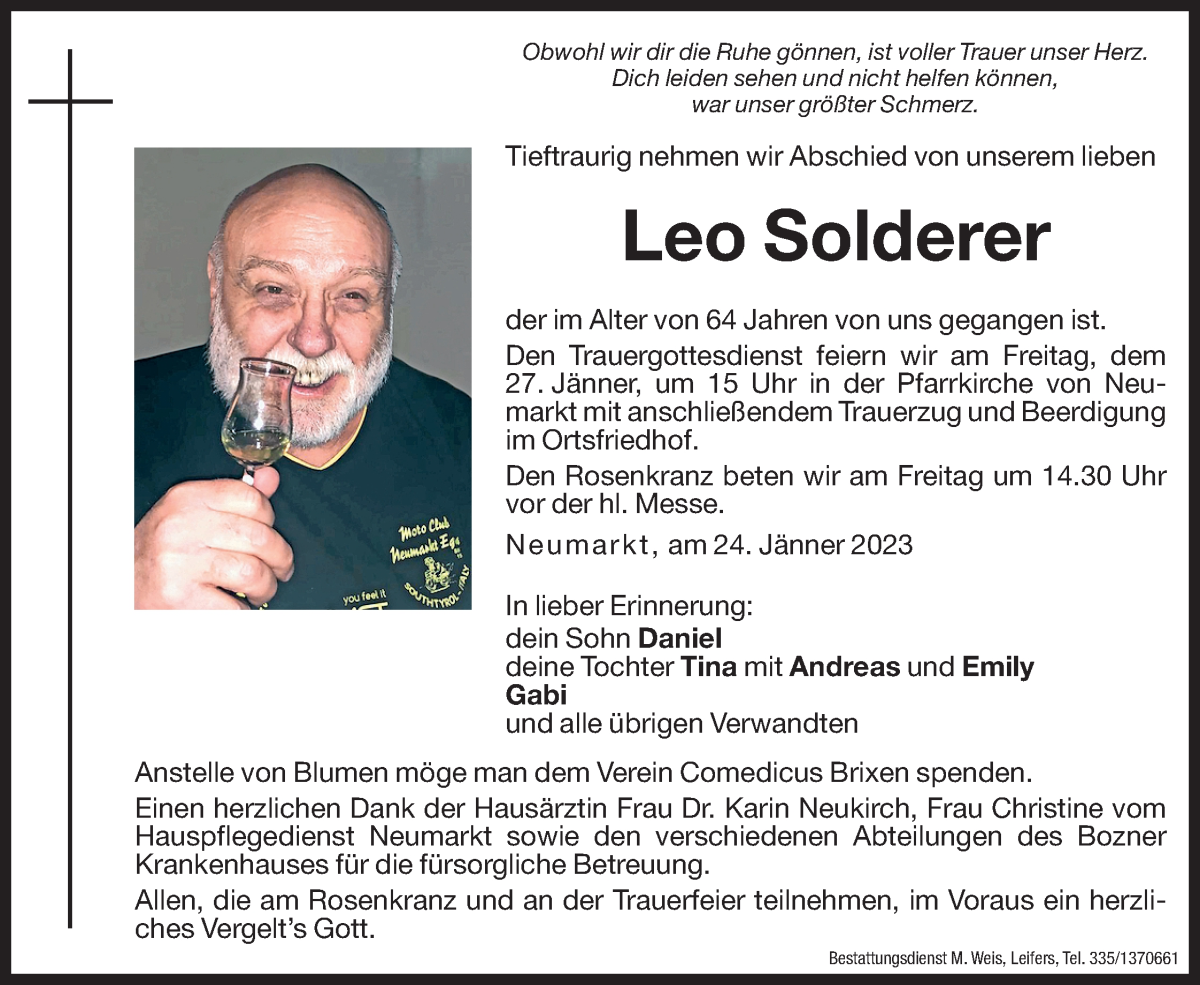  Traueranzeige für Leo Solderer vom 26.01.2023 aus Dolomiten