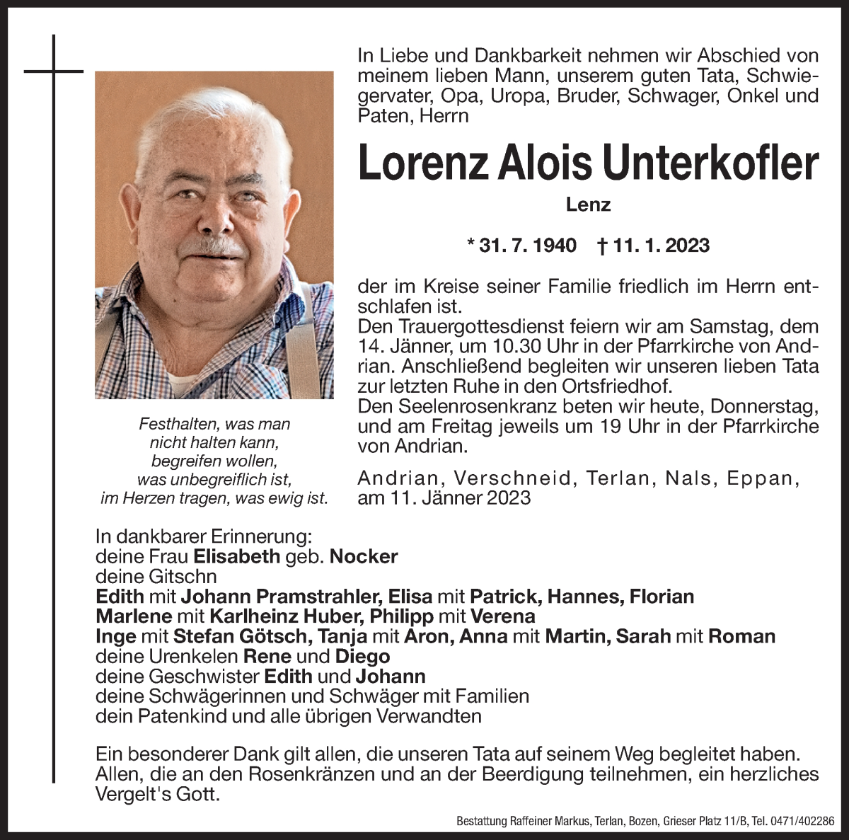  Traueranzeige für Lorenz Alois Unterkofler vom 12.01.2023 aus Dolomiten