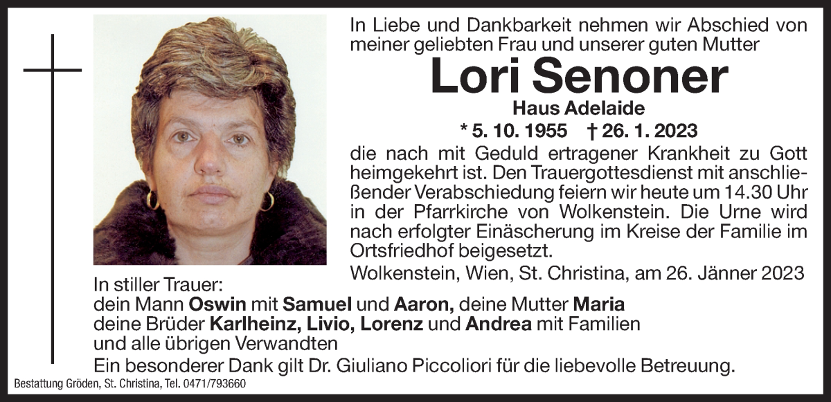  Traueranzeige für Lori Senoner vom 28.01.2023 aus Dolomiten