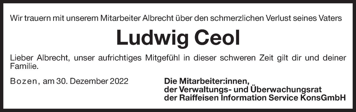  Traueranzeige für Ludwig Ceol vom 02.01.2023 aus Dolomiten