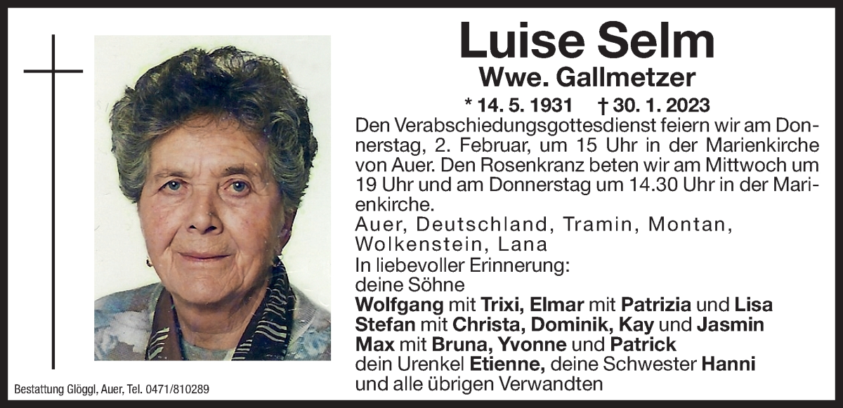  Traueranzeige für Luise Gallmetzer vom 31.01.2023 aus Dolomiten