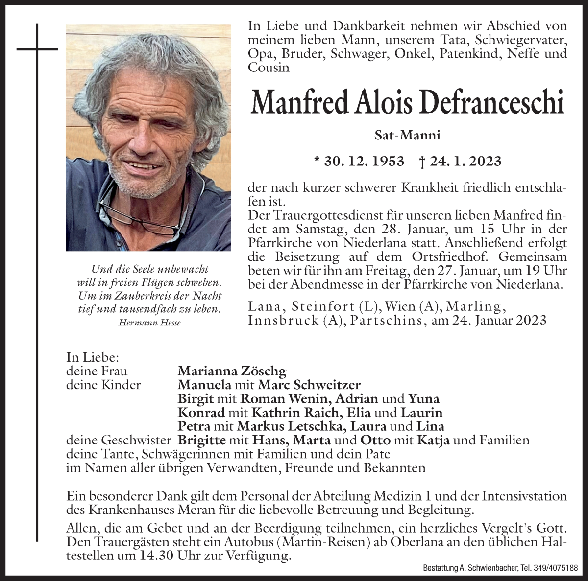  Traueranzeige für Manfred Alois Defranceschi vom 26.01.2023 aus Dolomiten