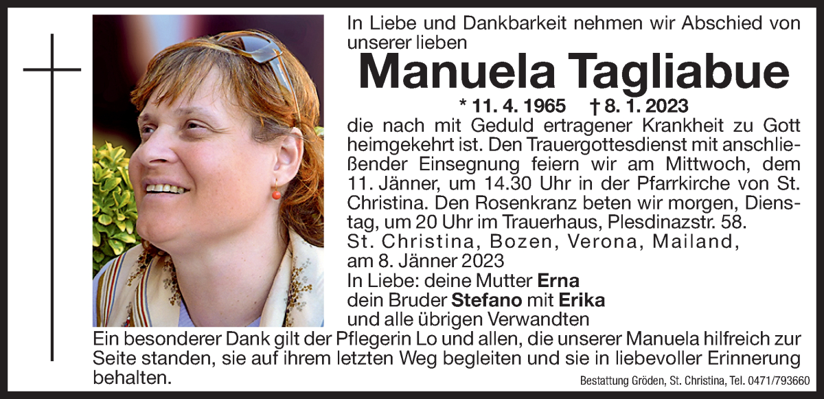  Traueranzeige für Manuela Tagliabue vom 09.01.2023 aus Dolomiten