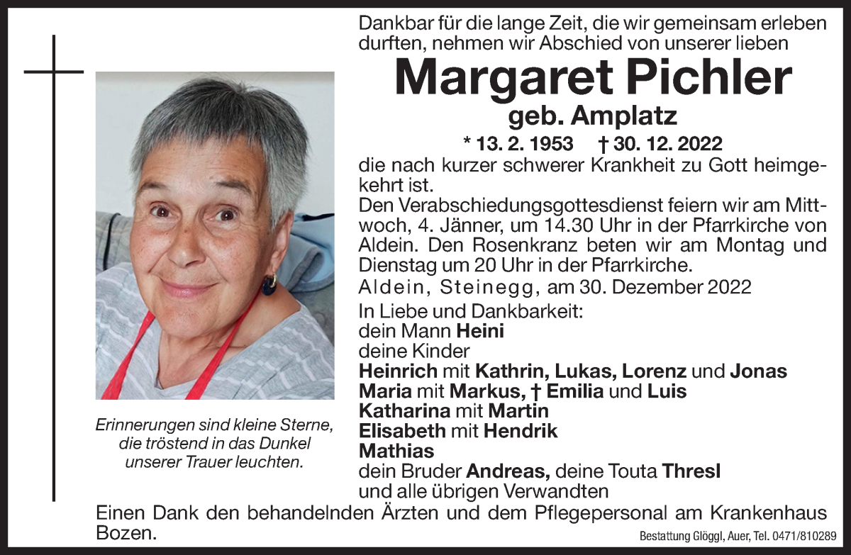  Traueranzeige für Margaret Pichler vom 02.01.2023 aus Dolomiten