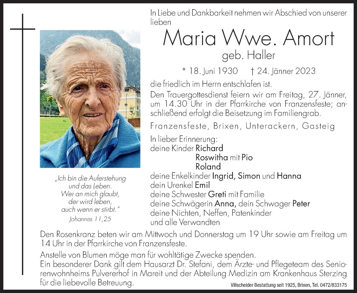  Traueranzeige für Maria Amort vom 25.01.2023 aus Dolomiten