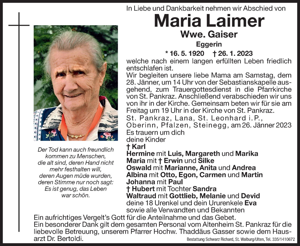  Traueranzeige für Maria Gaiser vom 27.01.2023 aus Dolomiten