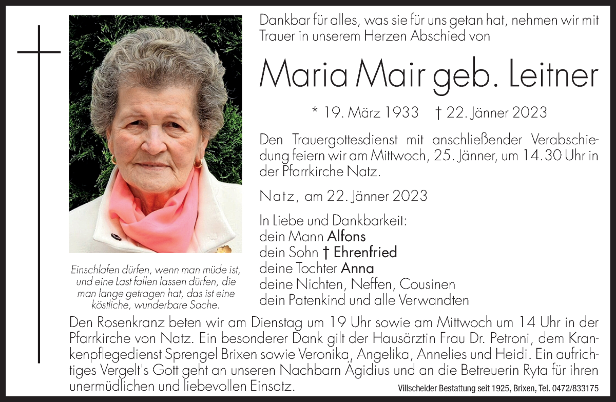  Traueranzeige für Maria Mair vom 24.01.2023 aus Dolomiten