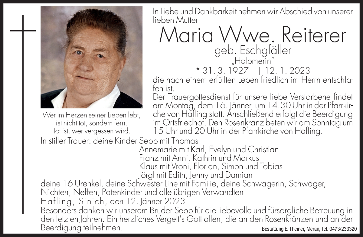  Traueranzeige für Maria Reiterer vom 13.01.2023 aus Dolomiten
