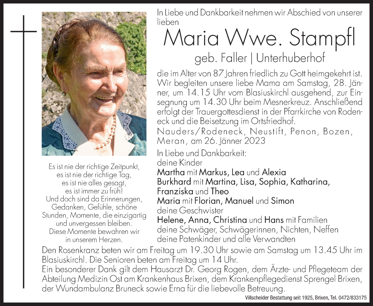  Traueranzeige für Maria Stampfl vom 27.01.2023 aus Dolomiten