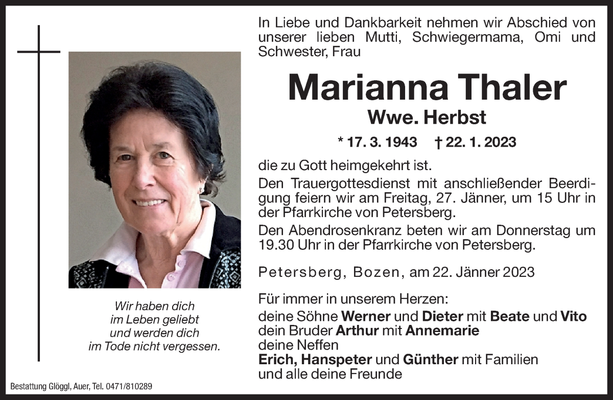  Traueranzeige für Marianna Herbst vom 25.01.2023 aus Dolomiten