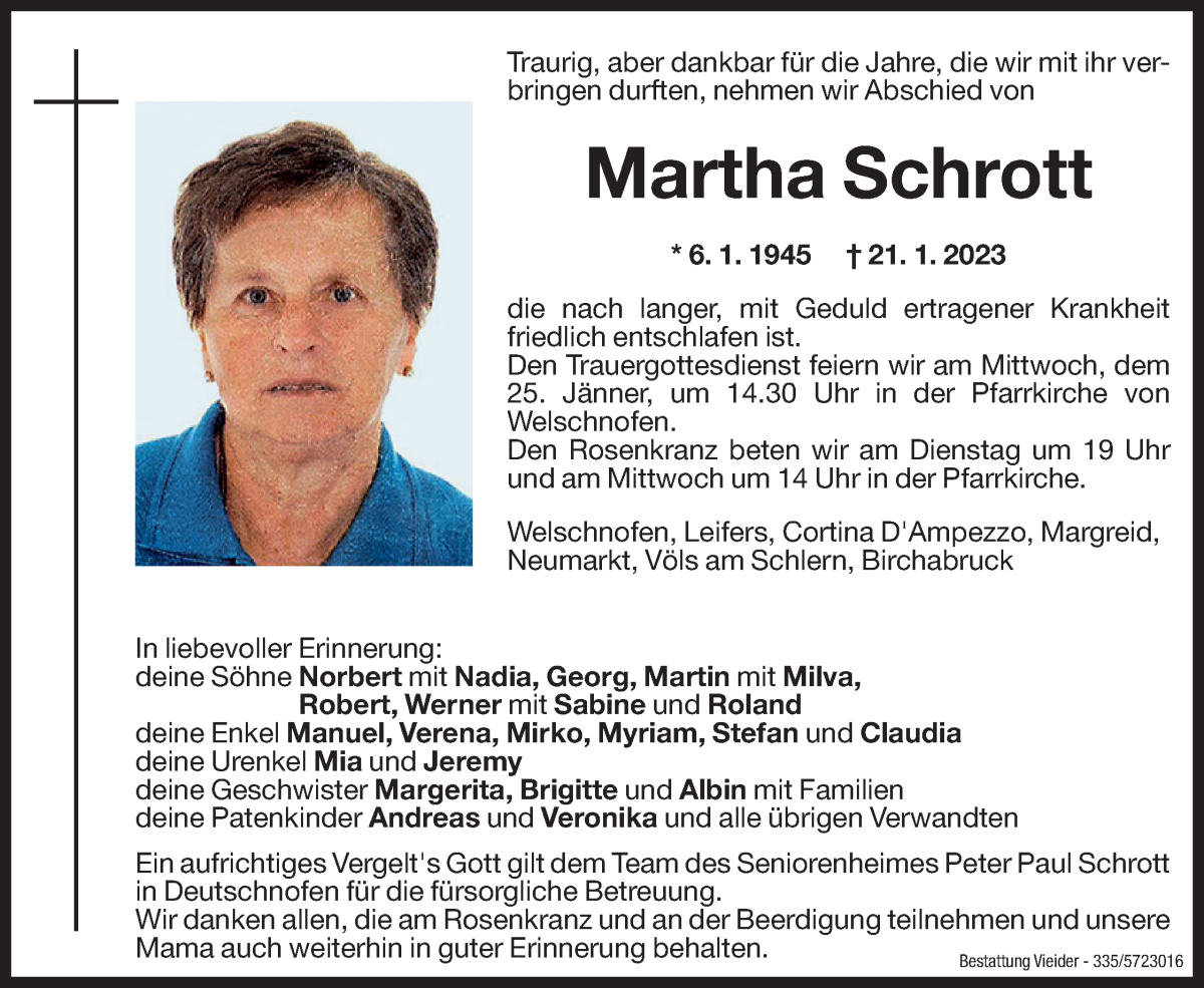 Traueranzeige für Martha Schrott vom 23.01.2023 aus Dolomiten
