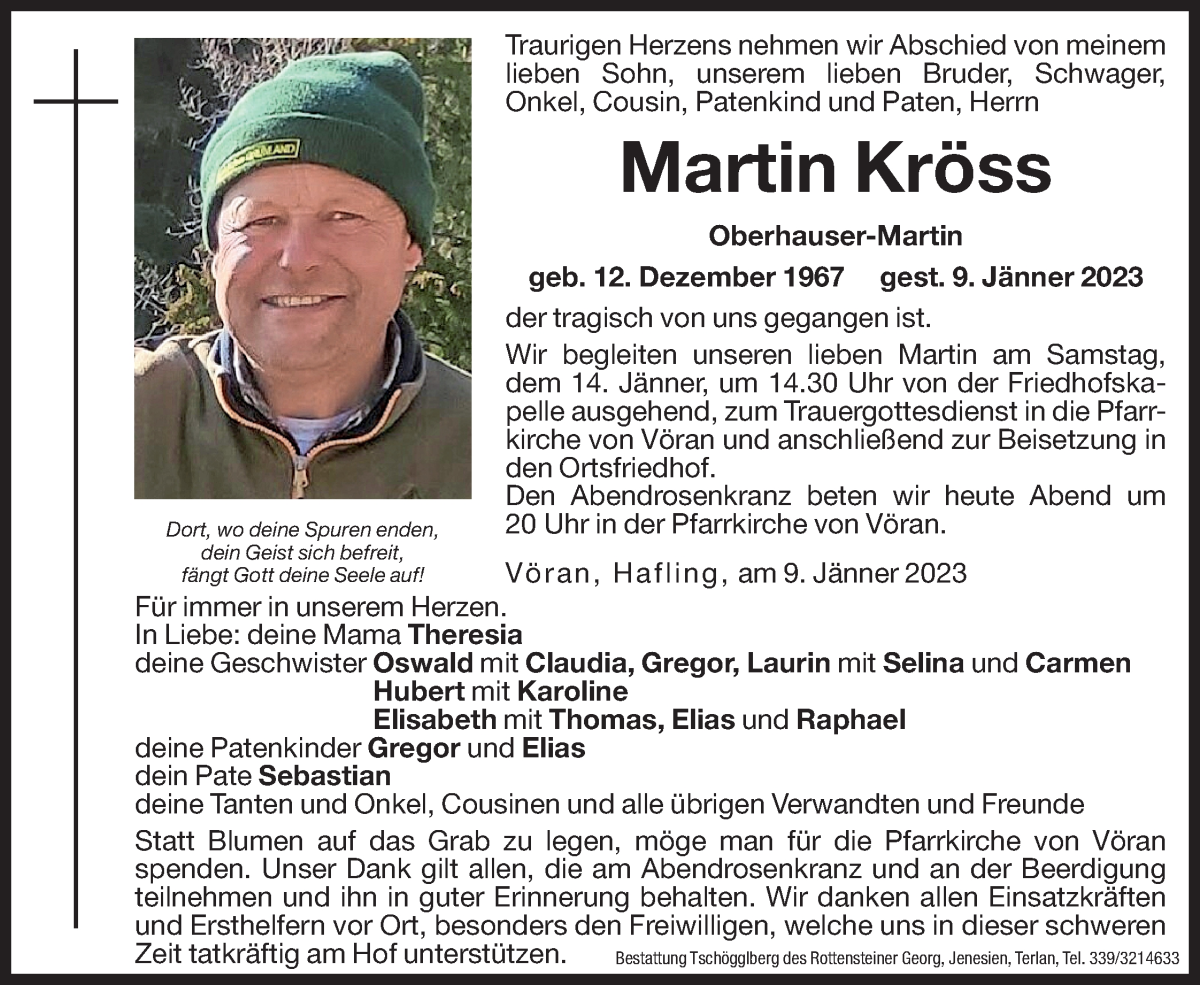  Traueranzeige für Martin Kröss vom 13.01.2023 aus Dolomiten