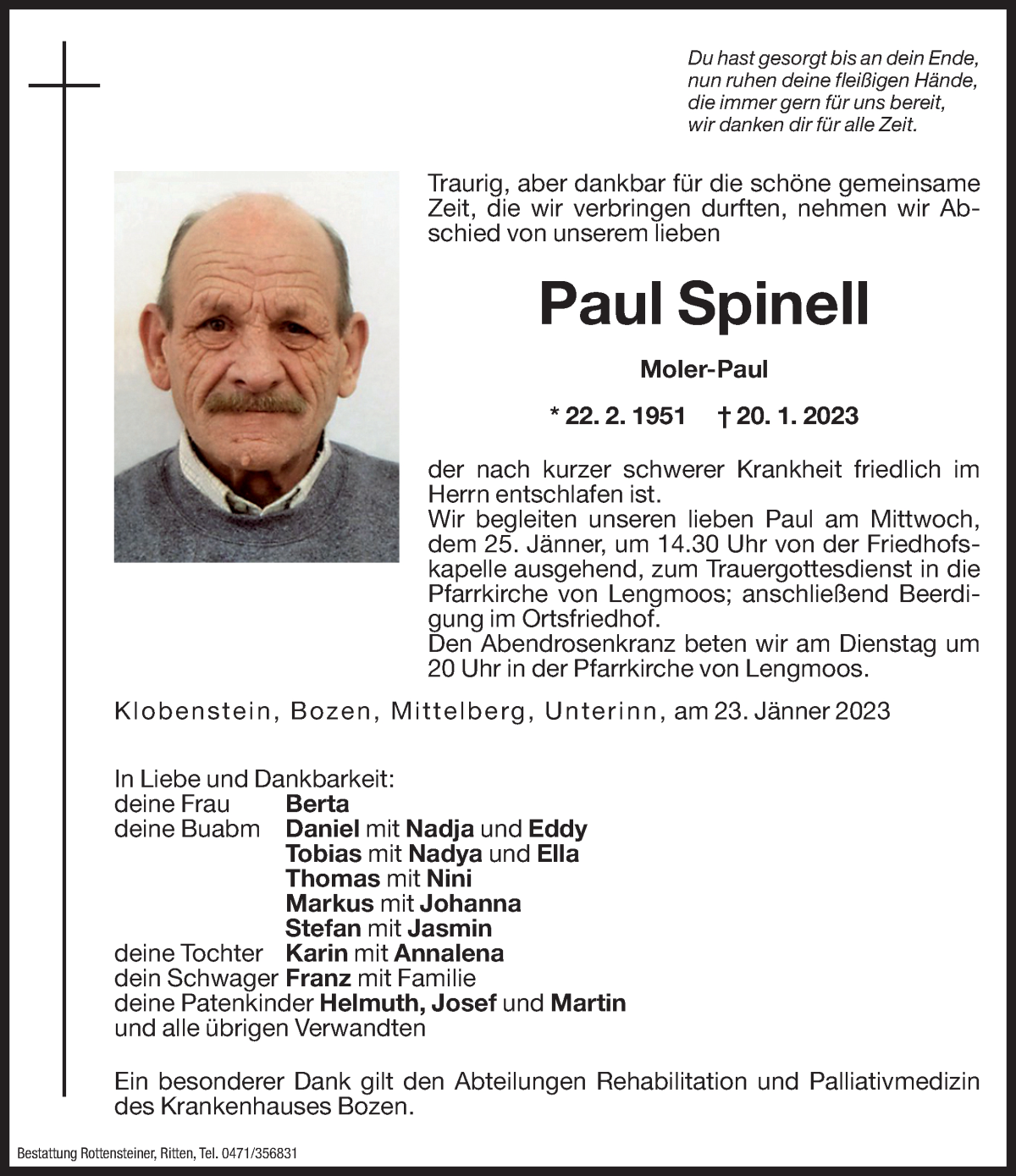  Traueranzeige für Paul Spinell vom 23.01.2023 aus Dolomiten