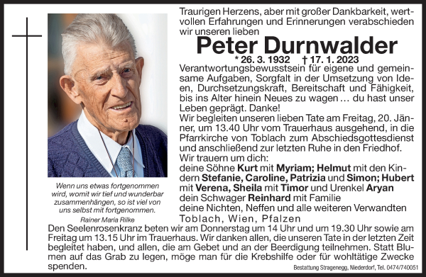 Traueranzeige von Peter Durnwalder von Dolomiten