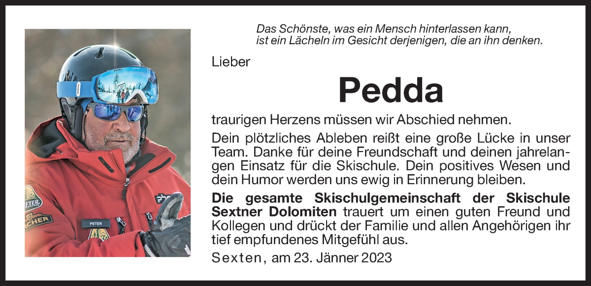  Traueranzeige für Peter Lanzinger vom 25.01.2023 aus Dolomiten