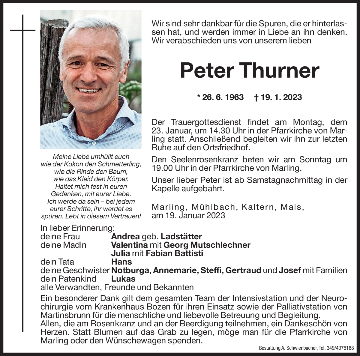  Traueranzeige für Peter Thurner vom 20.01.2023 aus Dolomiten