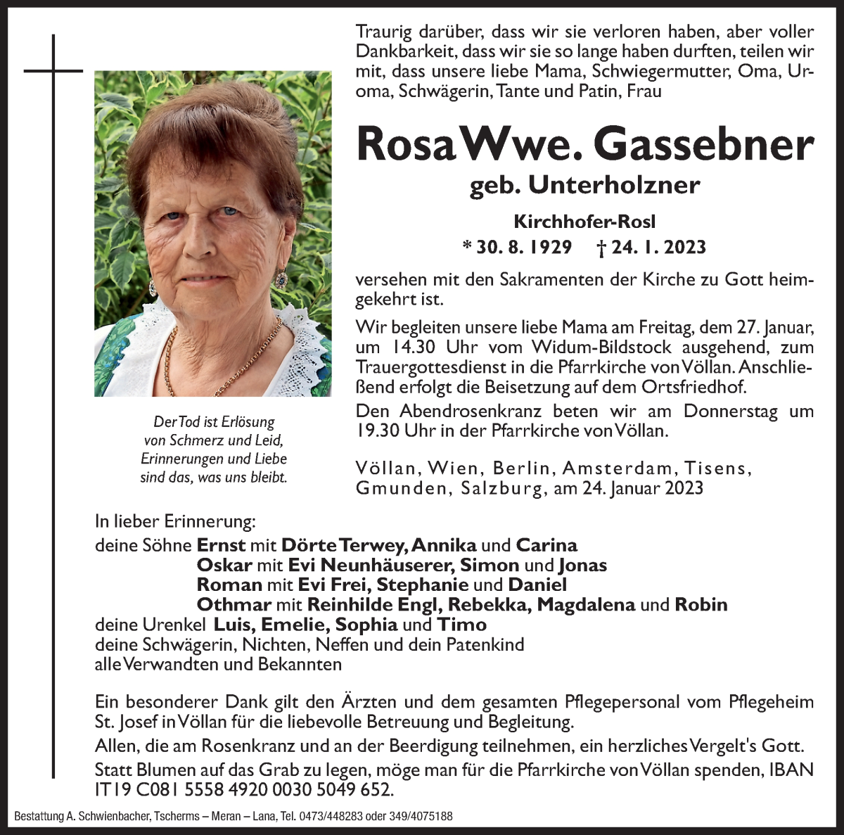  Traueranzeige für Rosa Gassebner vom 25.01.2023 aus Dolomiten