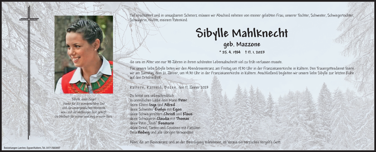  Traueranzeige für Sibylle Mahlknecht vom 19.01.2023 aus Dolomiten