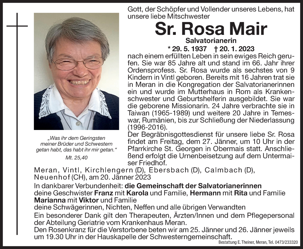  Traueranzeige für Sr. Rosa Mair vom 26.01.2023 aus Dolomiten