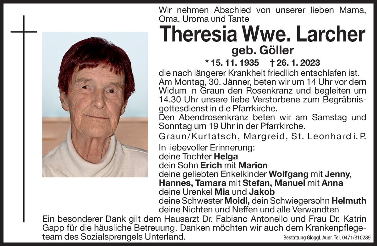  Traueranzeige für Theresia Larcher vom 28.01.2023 aus Dolomiten