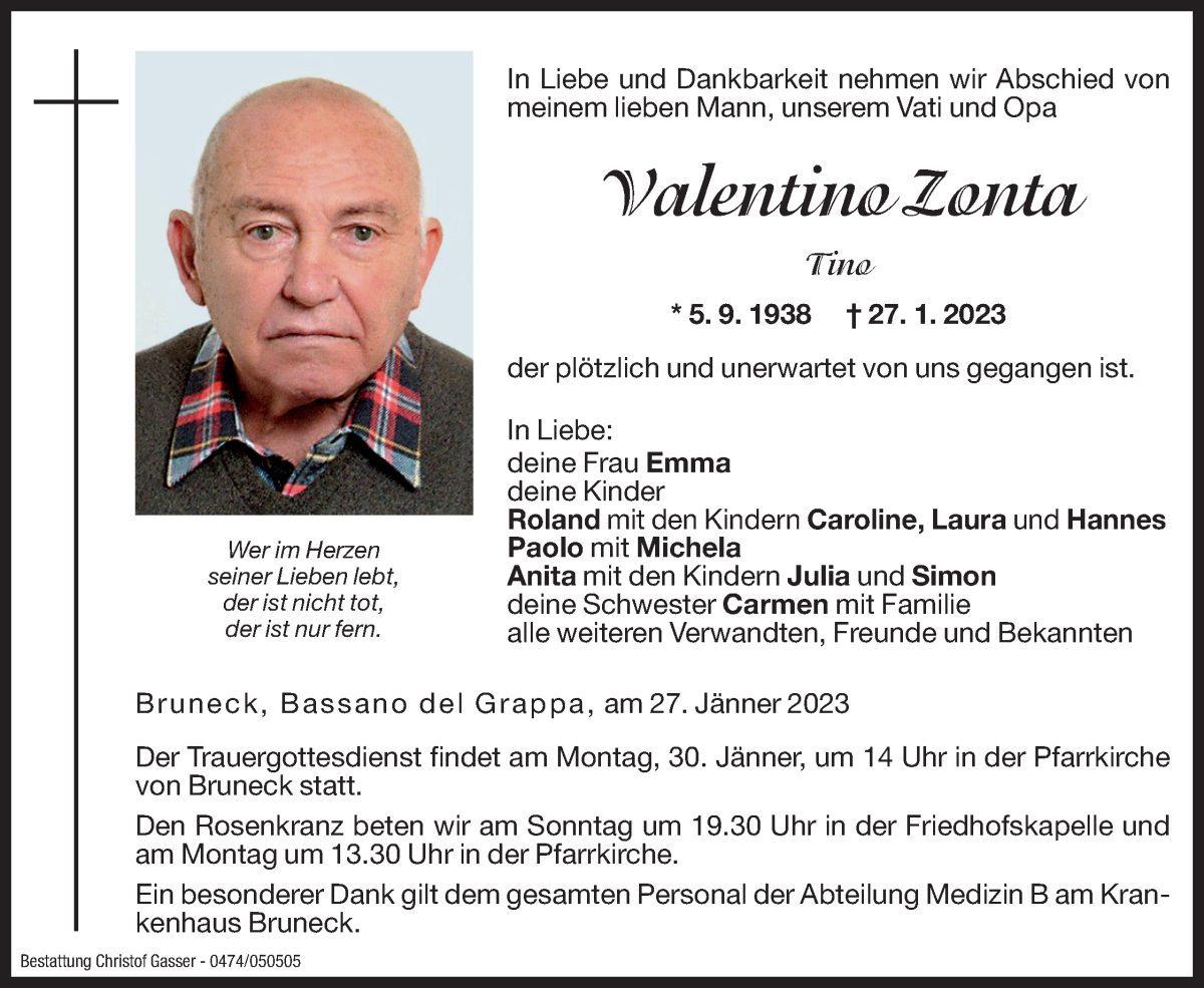  Traueranzeige für Valentino Zonta vom 28.01.2023 aus Dolomiten