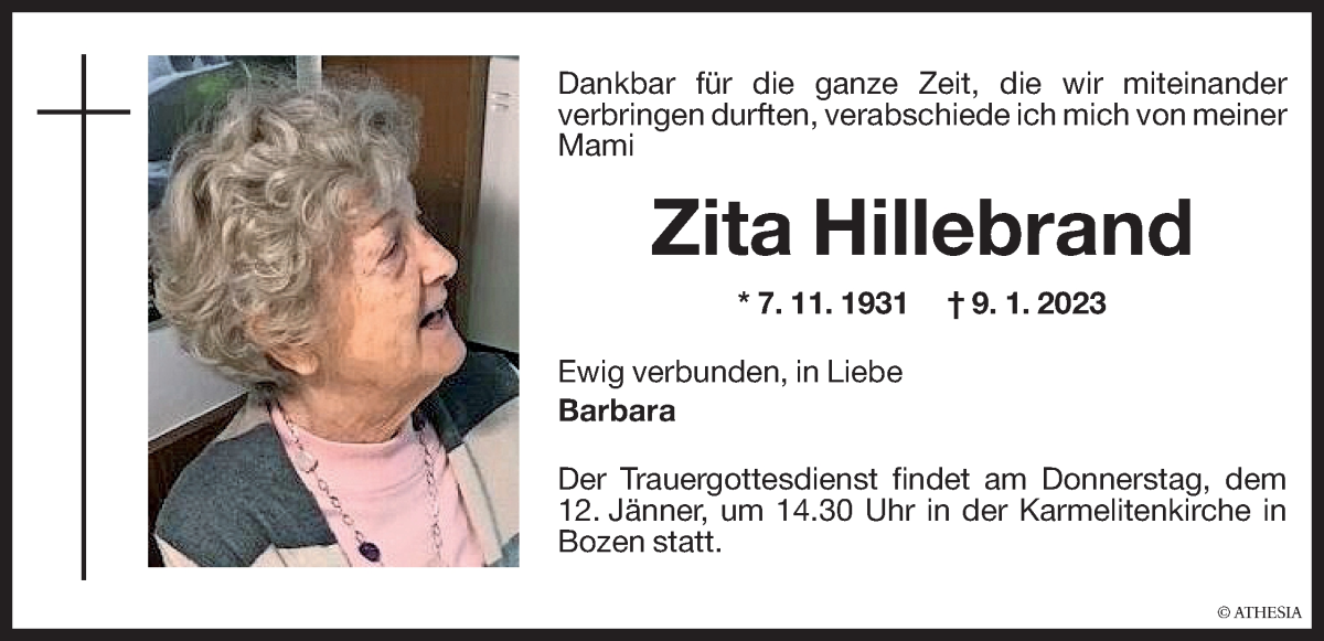  Traueranzeige für Zita Hillebrand vom 11.01.2023 aus Dolomiten