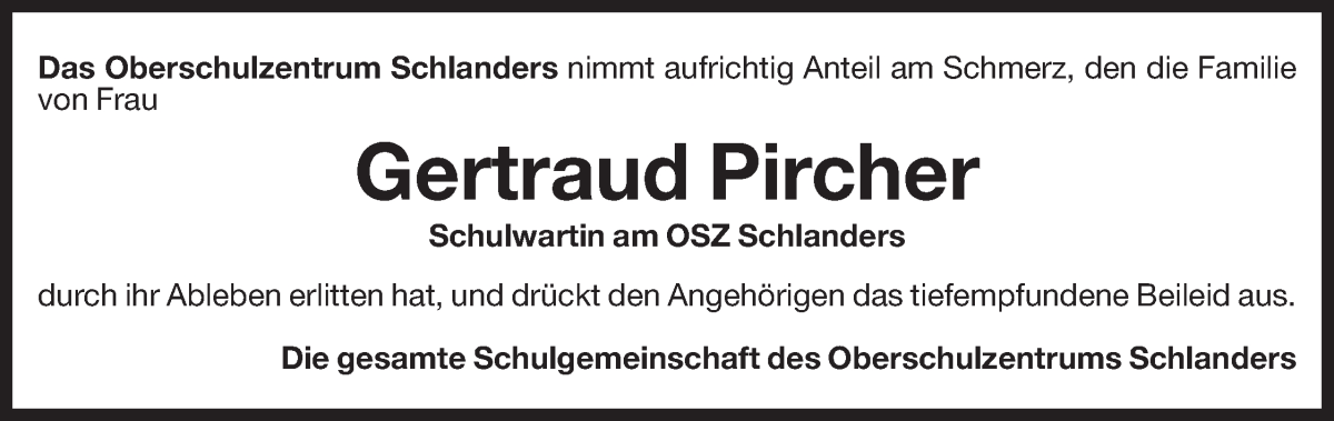  Traueranzeige für Gertraud Pircher vom 06.10.2023 aus Dolomiten