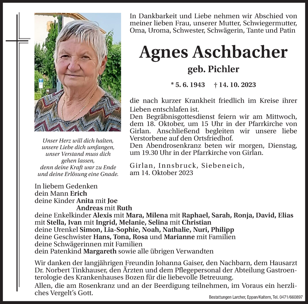  Traueranzeige für Agnes Aschbacher vom 16.10.2023 aus Dolomiten