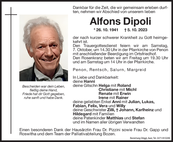 Traueranzeige von Alfons Dipoli von Dolomiten