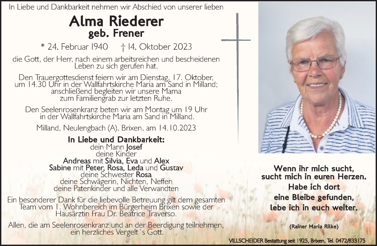  Traueranzeige für Alma Riederer vom 16.10.2023 aus Dolomiten