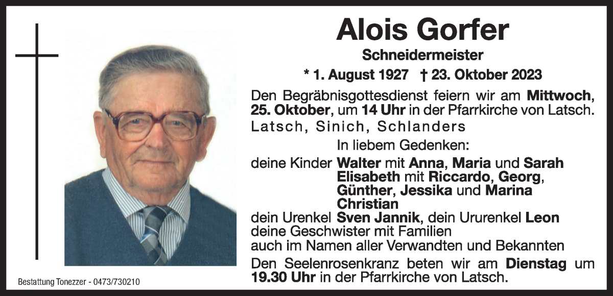  Traueranzeige für Alois Gorfer vom 24.10.2023 aus Dolomiten