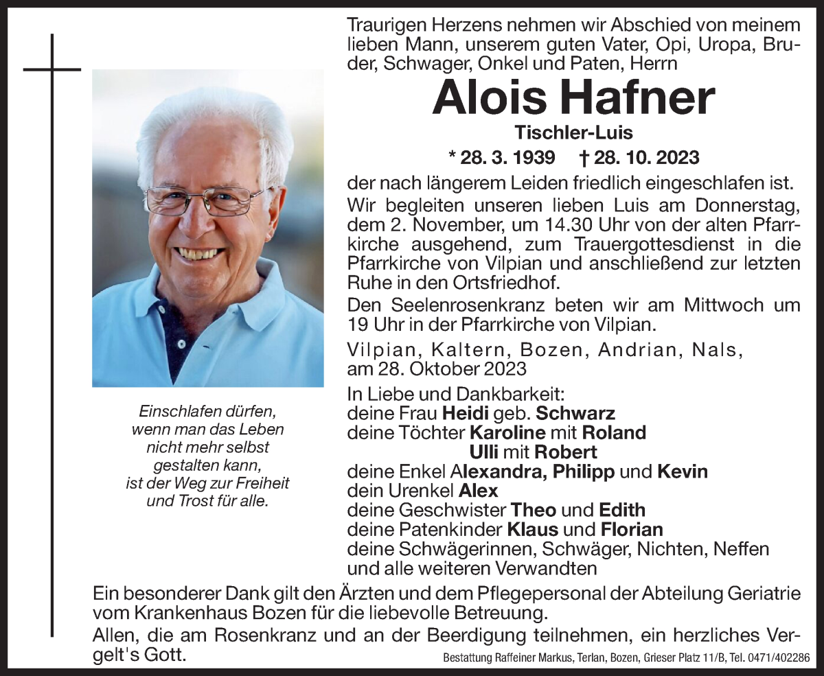  Traueranzeige für Alois Hafner vom 31.10.2023 aus Dolomiten