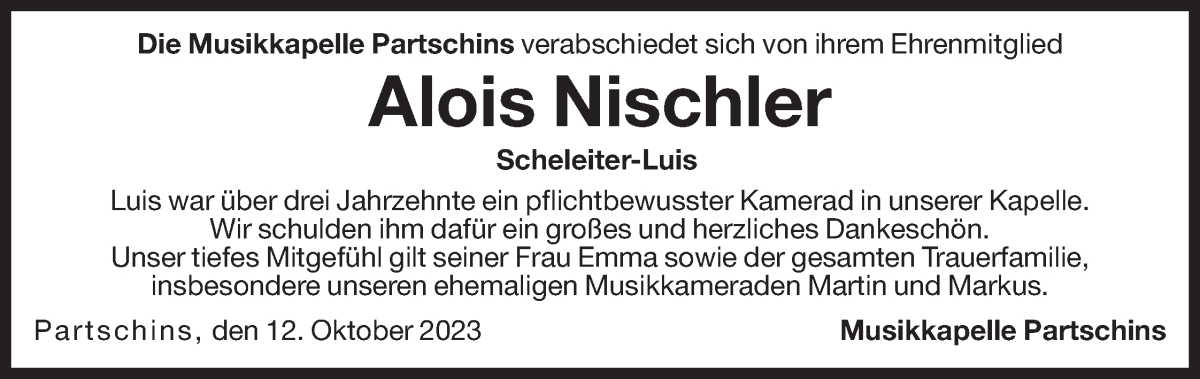 Traueranzeige für Alois Nischler vom 12.10.2023 aus Dolomiten