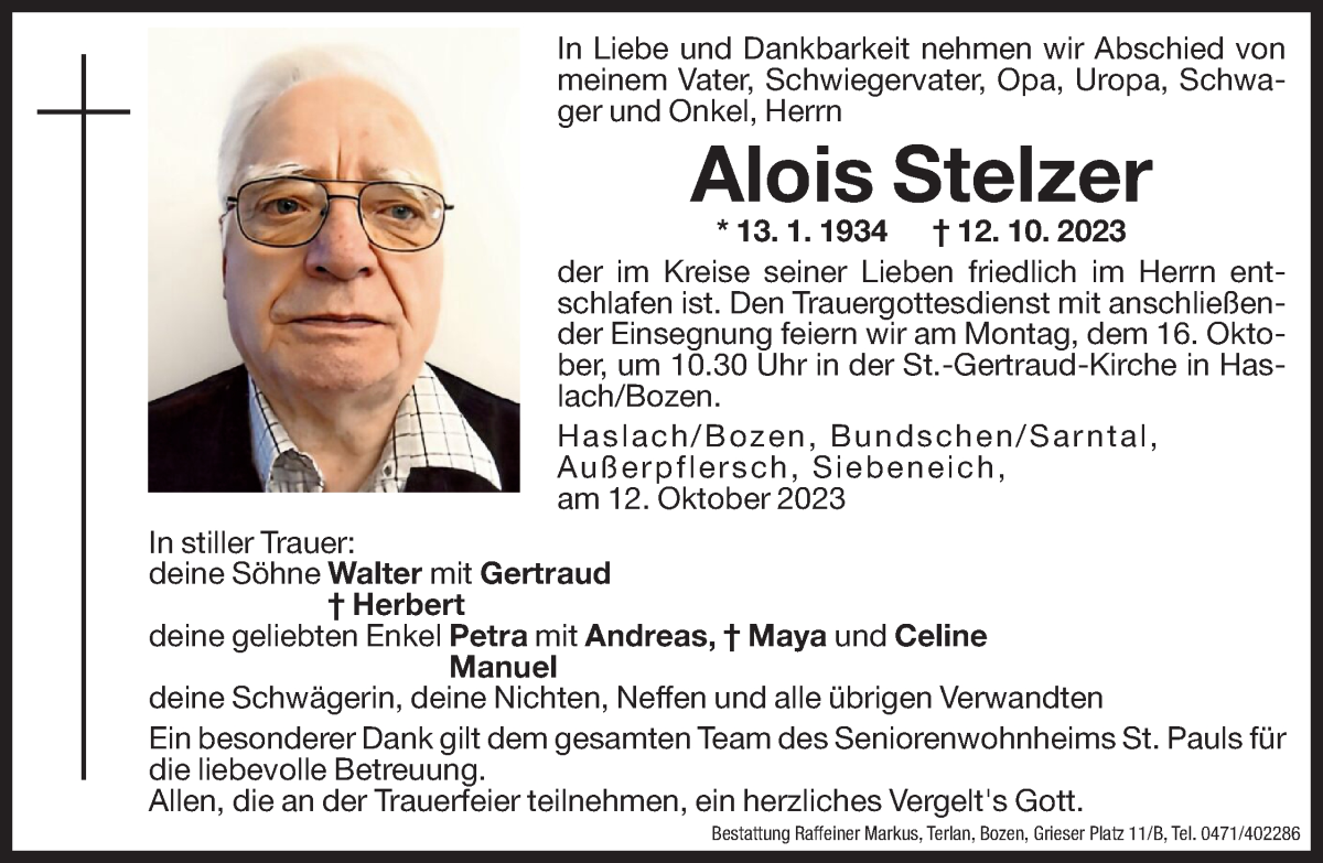  Traueranzeige für Alois Stelzer vom 14.10.2023 aus Dolomiten