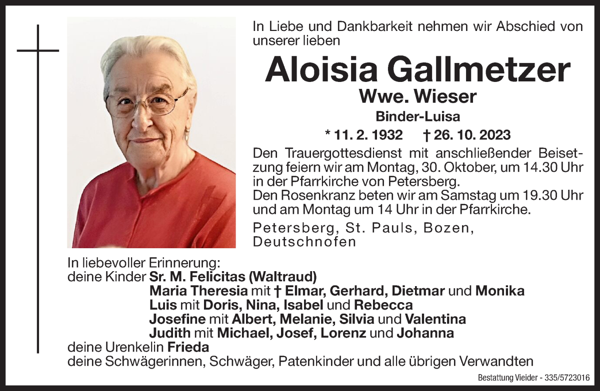  Traueranzeige für Aloisia Wieser vom 28.10.2023 aus Dolomiten