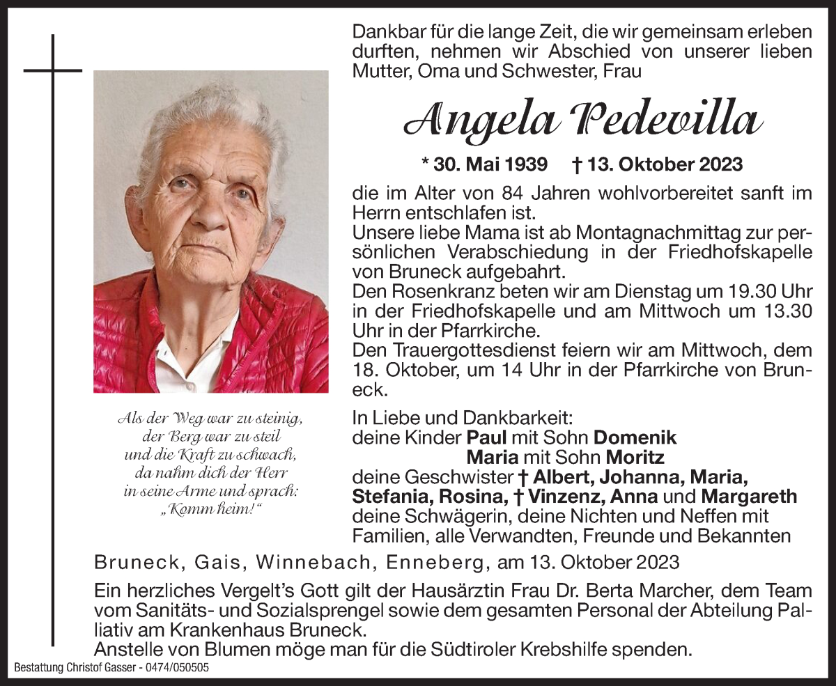  Traueranzeige für Angela Pedevilla vom 16.10.2023 aus Dolomiten