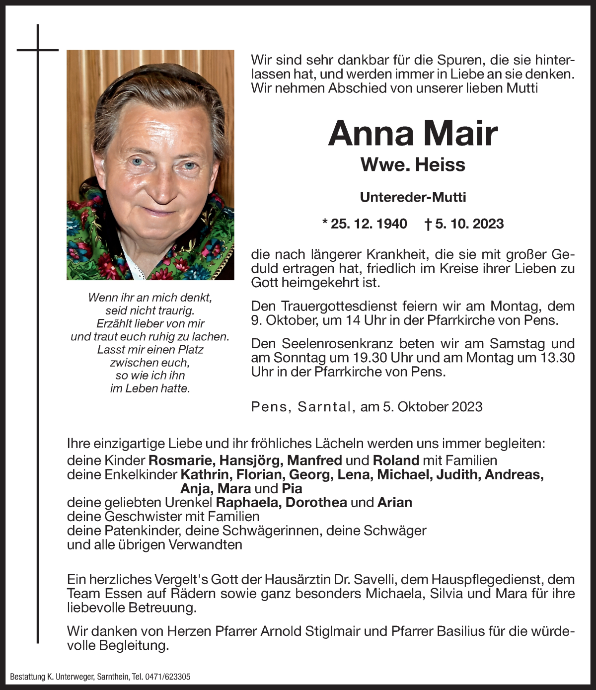  Traueranzeige für Anna Heiss vom 07.10.2023 aus Dolomiten